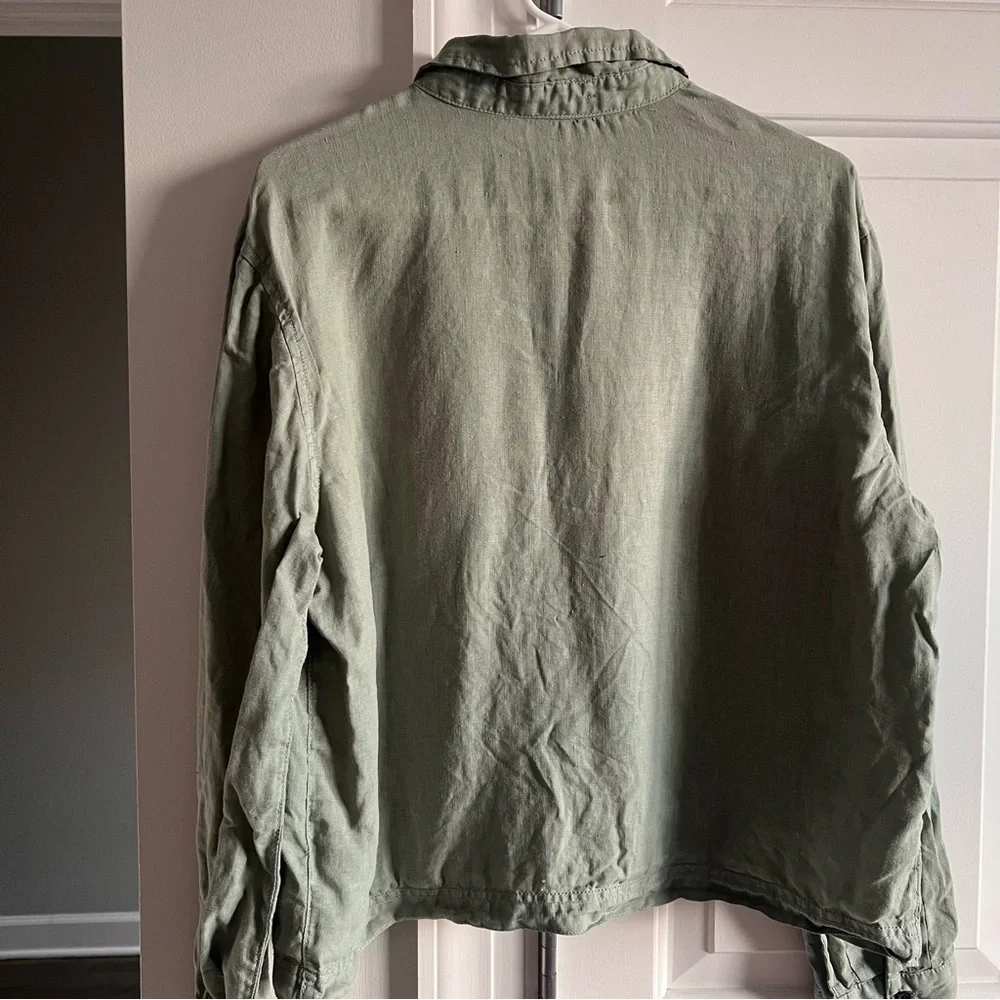 100% Linen Green Long Sleeve Button Down Shirt Fisherman Jacket Large Cabincore - Picture 3 of 7